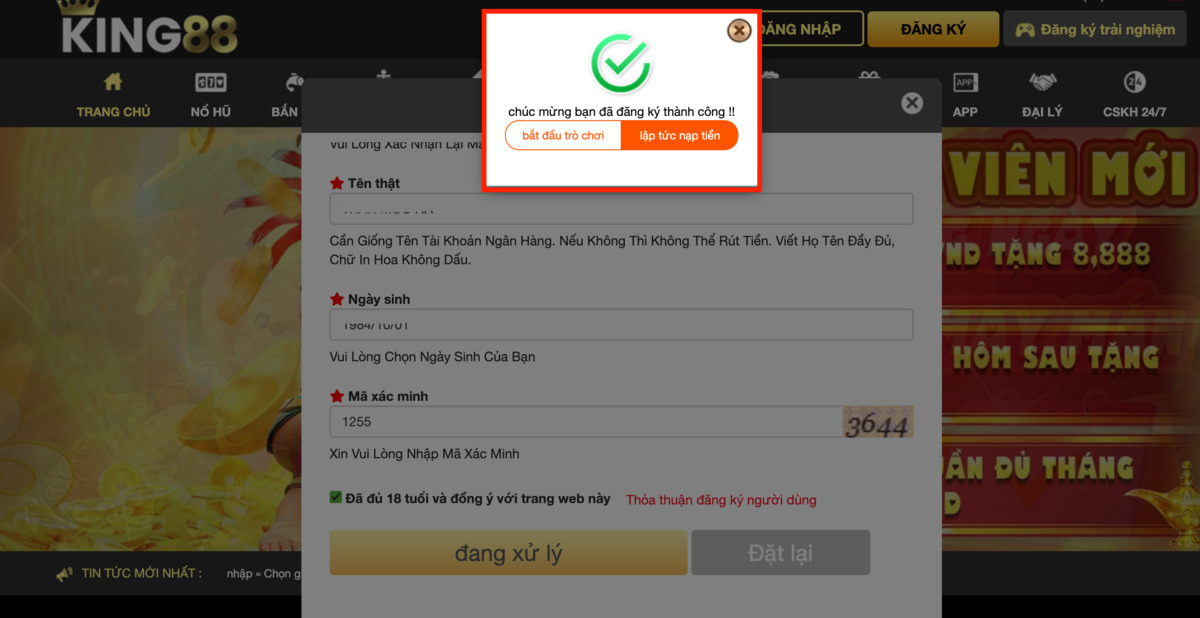 hoàn tất king88 đăng ký tài khoản