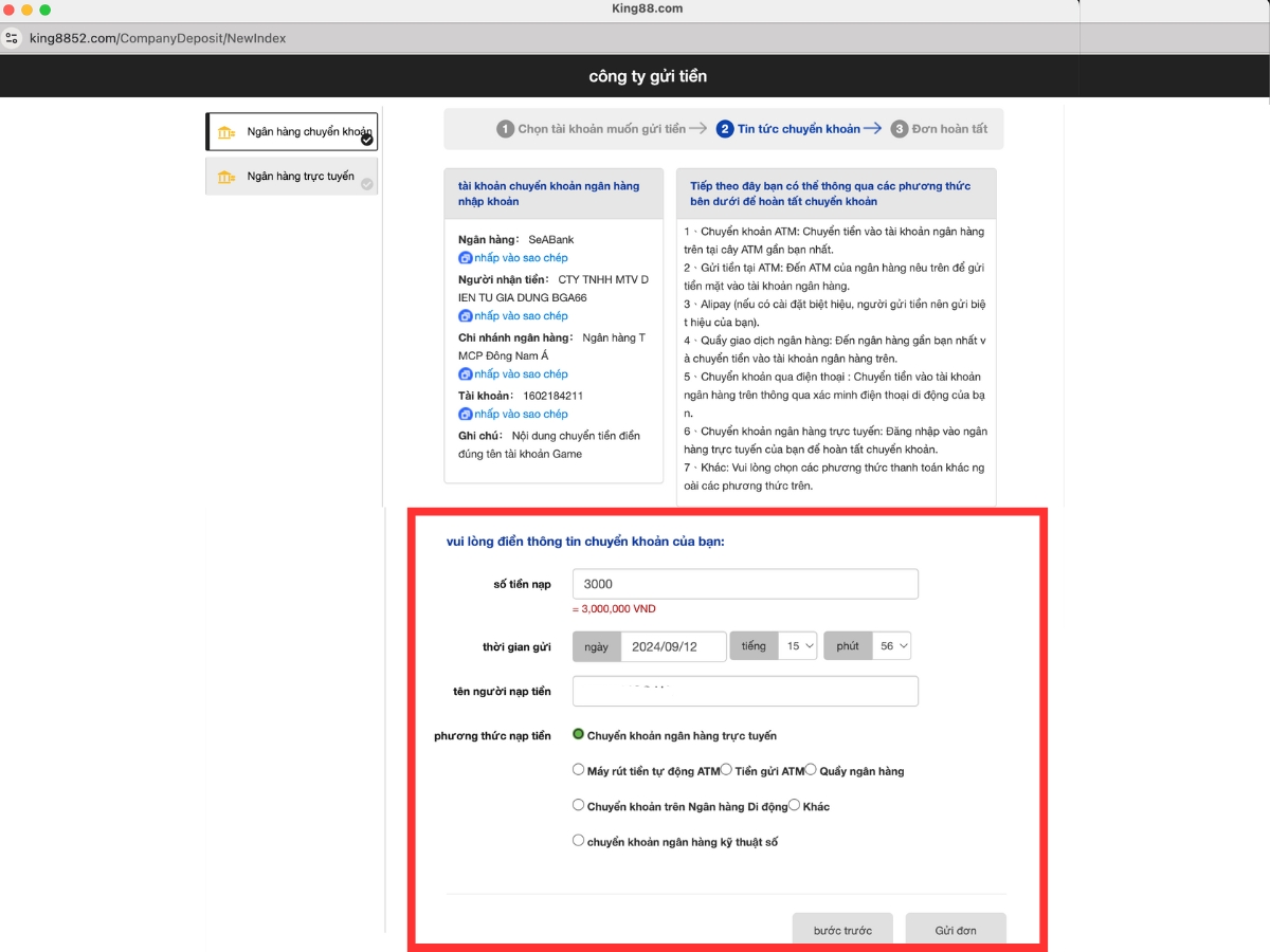 điền đúng thông tin chuyển khoản vào king88