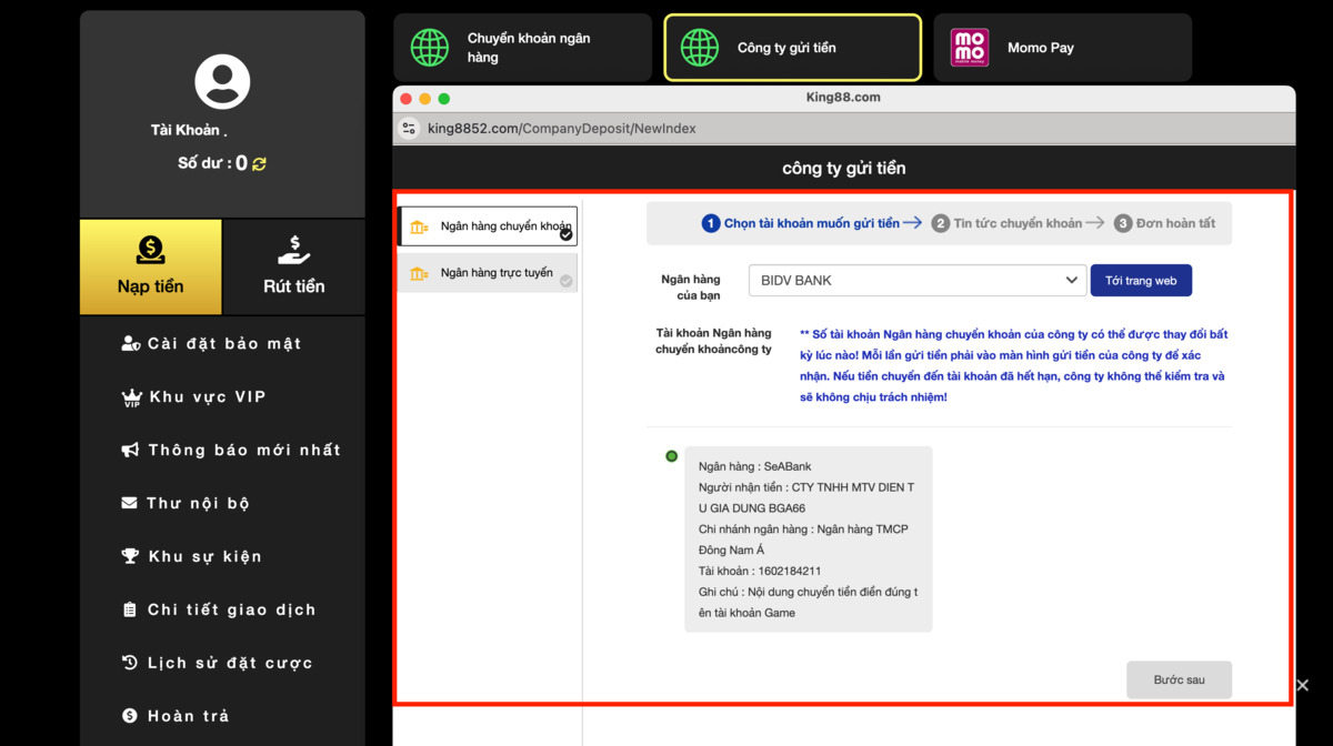 nạp tiền king88 qua công ty gửi tiền