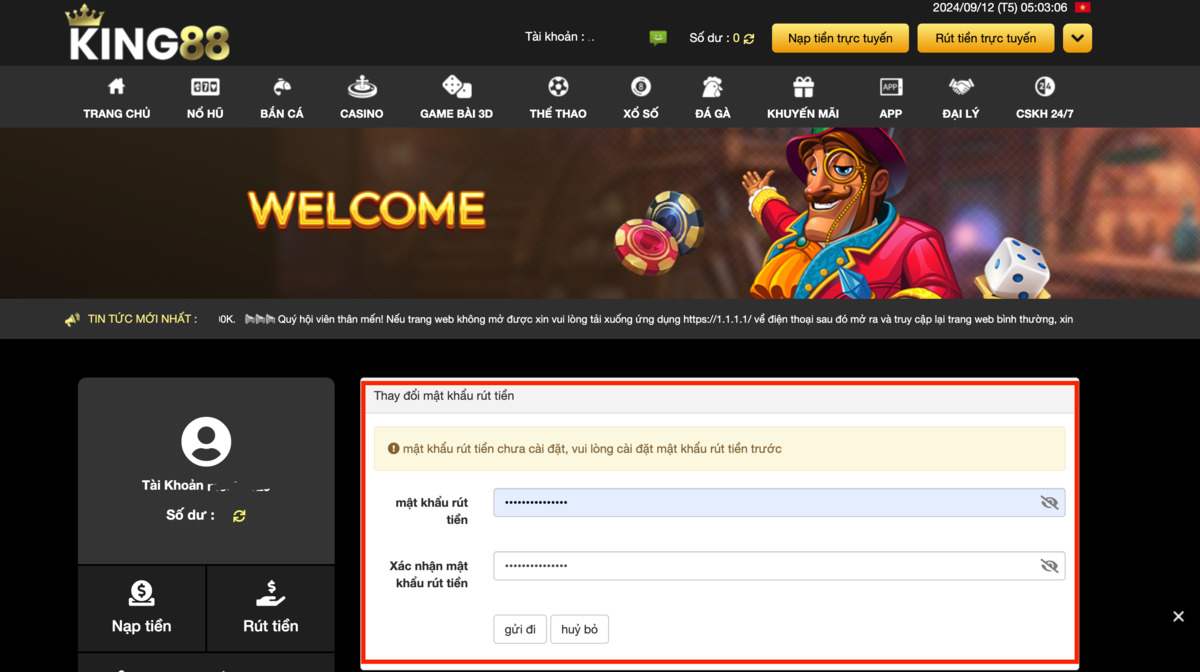 thiết lập mật khẩu rút tiền king88