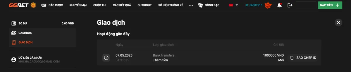 kiểm tra trạng thái tiền gửi trong “lịch sử giao dịch”